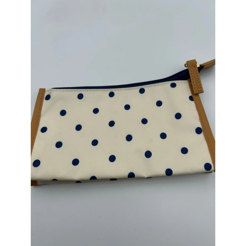 Estee Lauder Polka Dot Makeup Bag‎ Cream Navy Blue Tan Trim Cosmetic Pouch